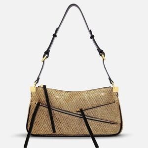 Manu Atelier Three Zipped Gold Mesh & Black Suede Leather Shoulder Bag